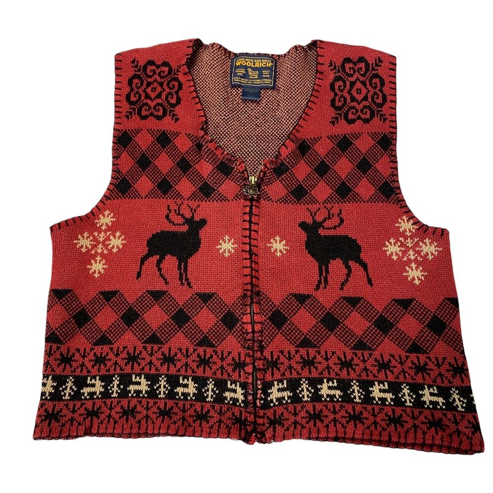 Woolrich Sweater Vest Womens Medium Red Ramie Blend Snowflake‎ Reindeer Full Zip